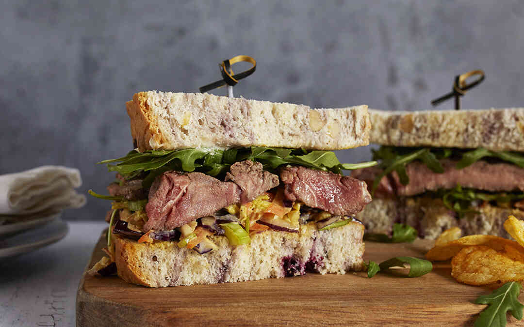 Steak Sandwich with Blackcurrant and Cashew Nut Bloomer