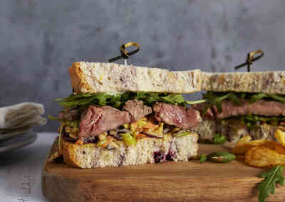 Steak Sandwich with Blackcurrant and Cashew Nut Bloomer